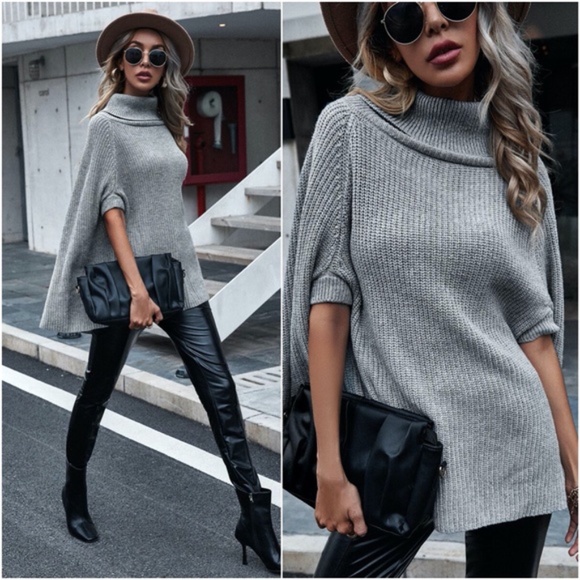 Sweaters - charcoal grey knit turtleneck poncho style sweater